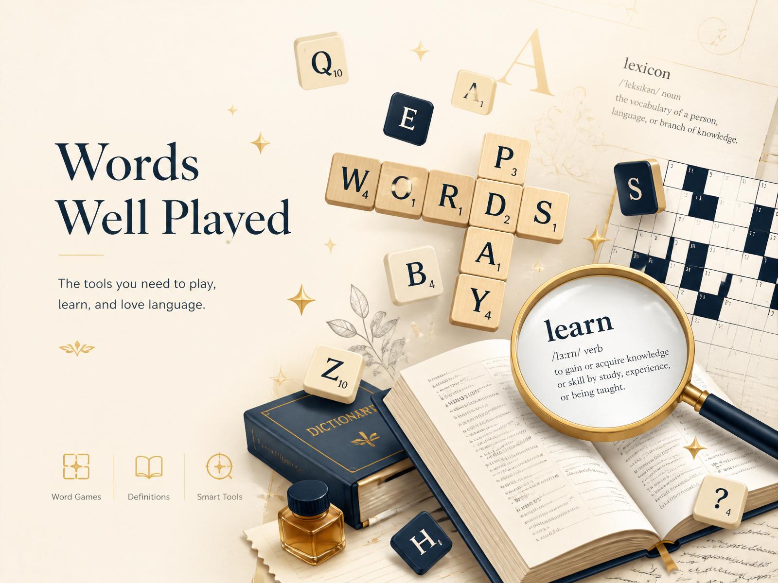 Illustration of letter tiles, a dictionary and a magnifying glass representing word tools